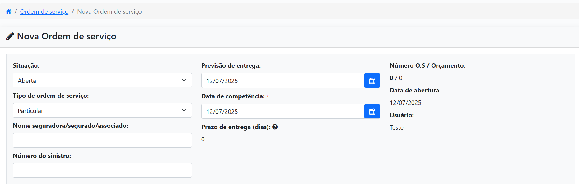 Informações básicas do Ordem de serviço