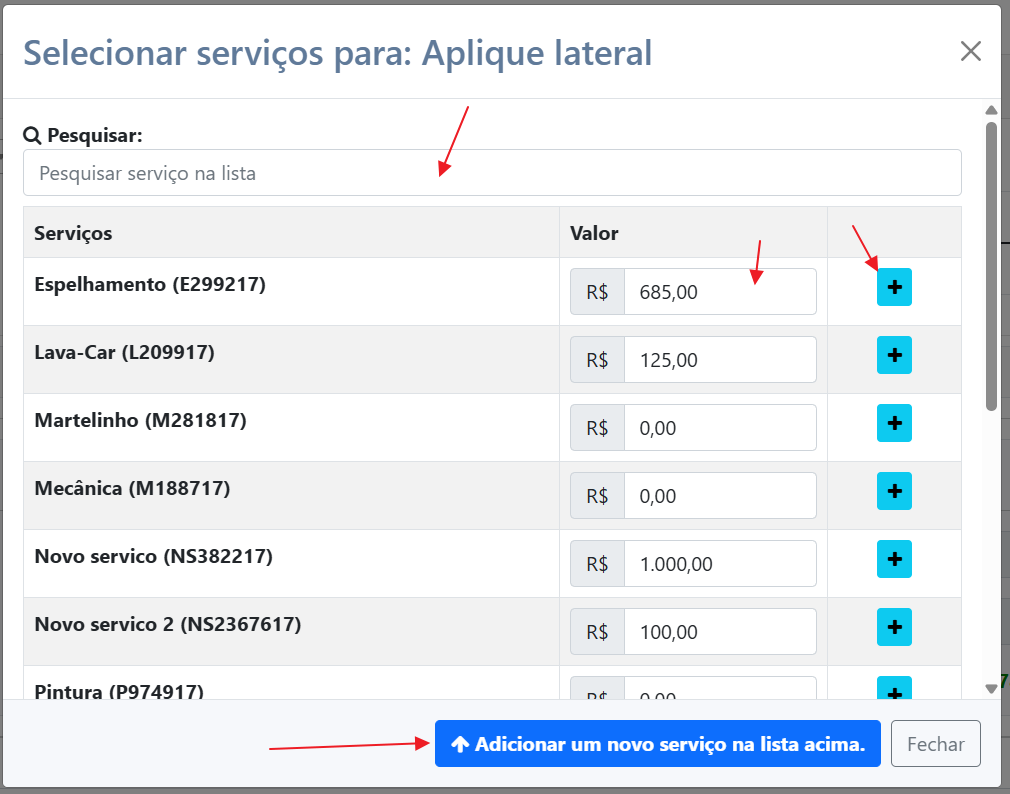 Selecionar serviços para a parte