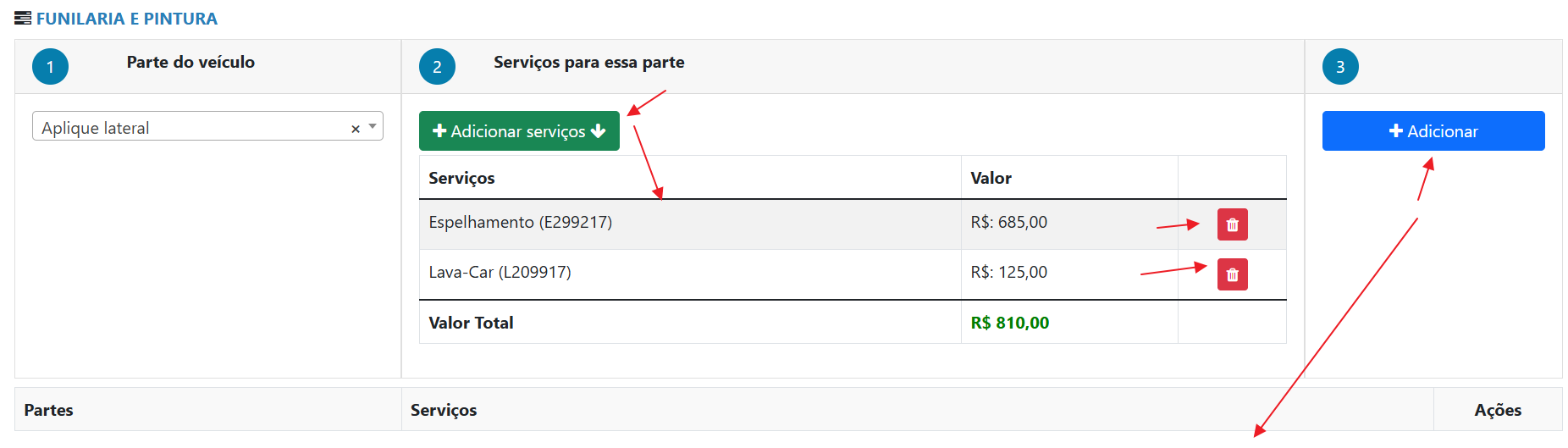 Adicione o parte e serviço ao Orçamento