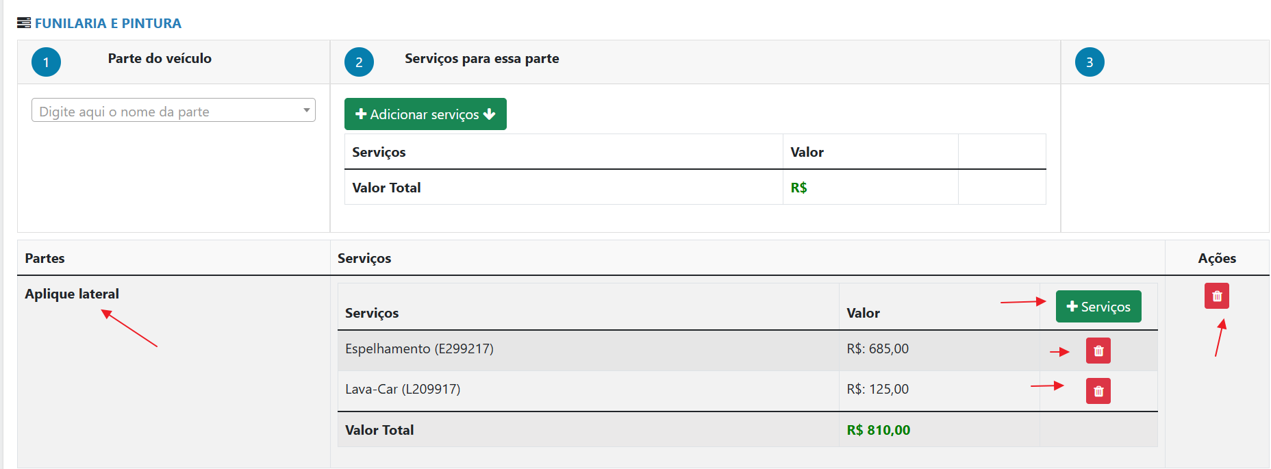Lista partes e serviços