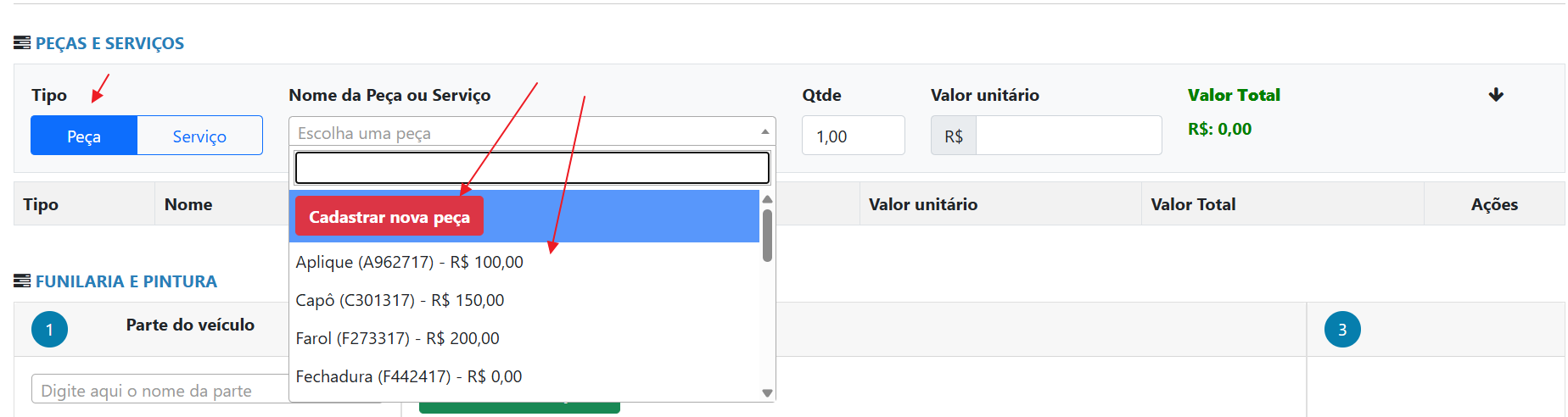 Adicionar Peças e Serviços