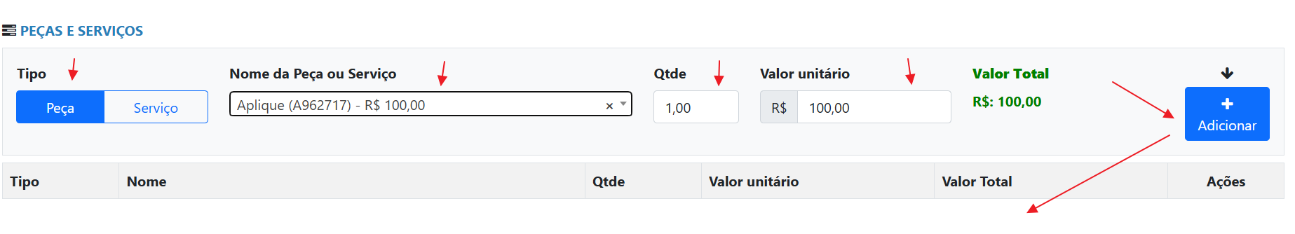 Formulário para adicionar serviço