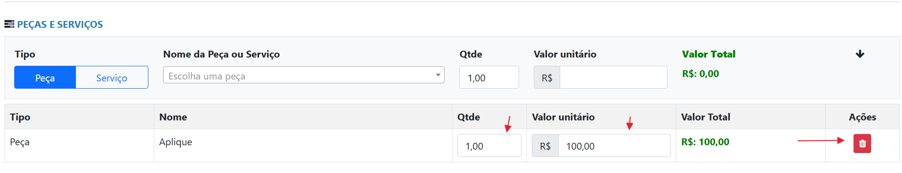 Lista de peças e serviços adicionados