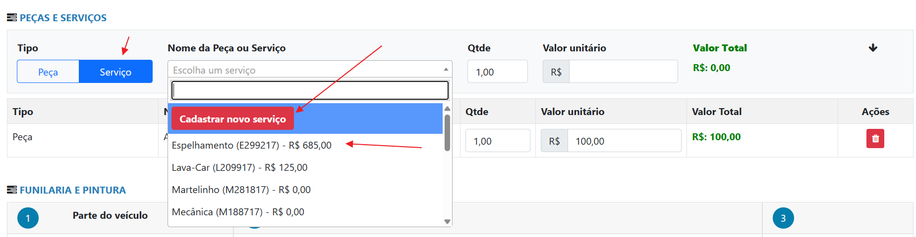 Opções de edição para serviços