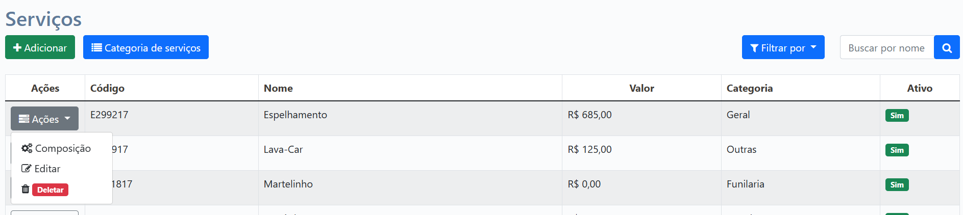 Lista de Serviços