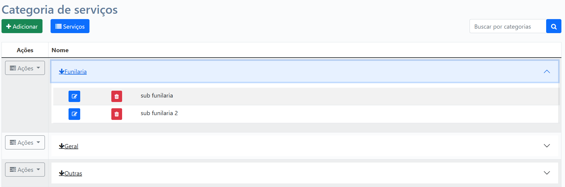 Lista de Categorias de Serviço