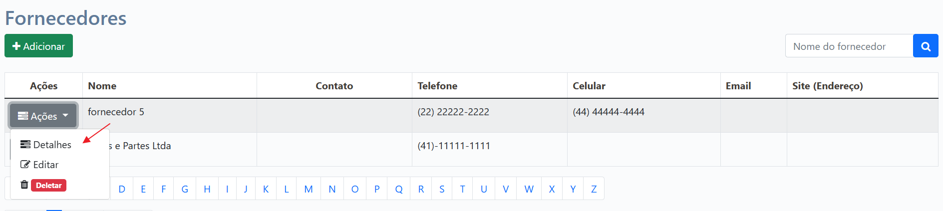 Lista de Fornecedores