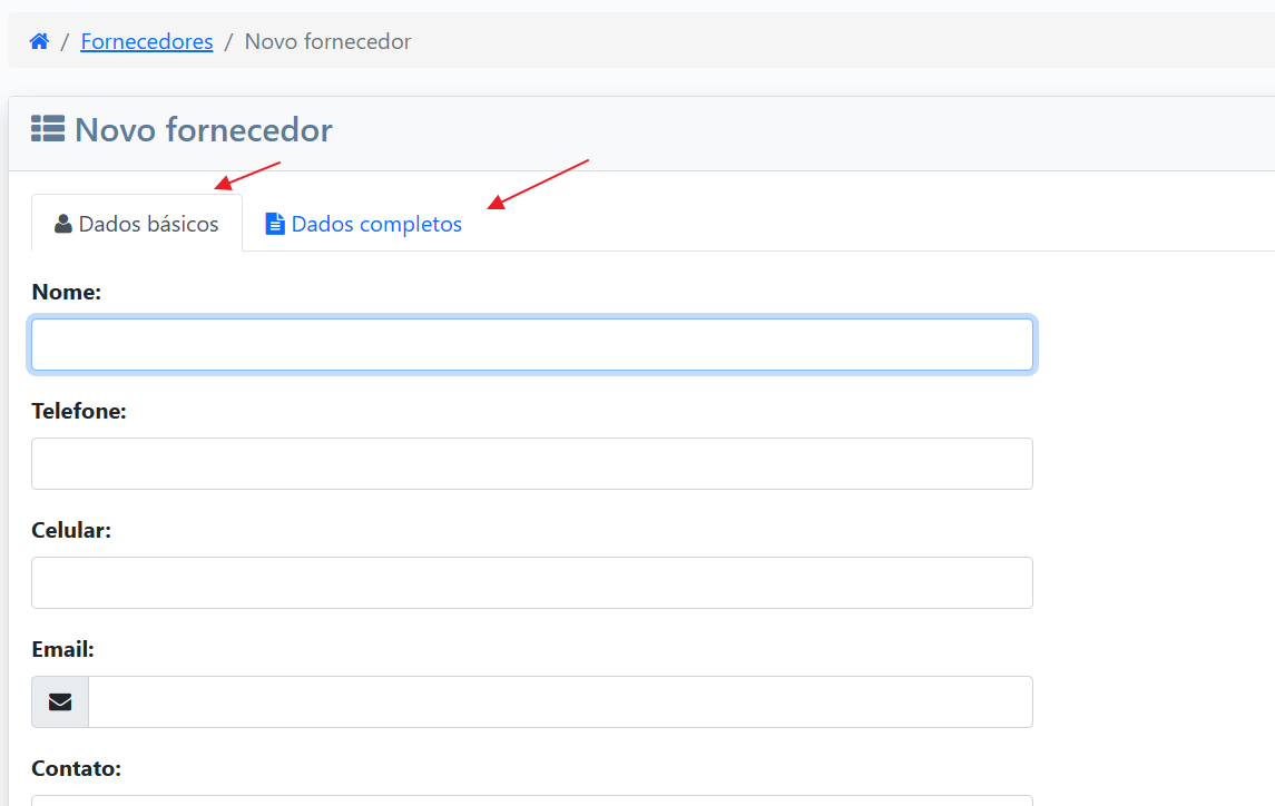 Formulário de Cadastro de Fornecedor - Dados Básicos