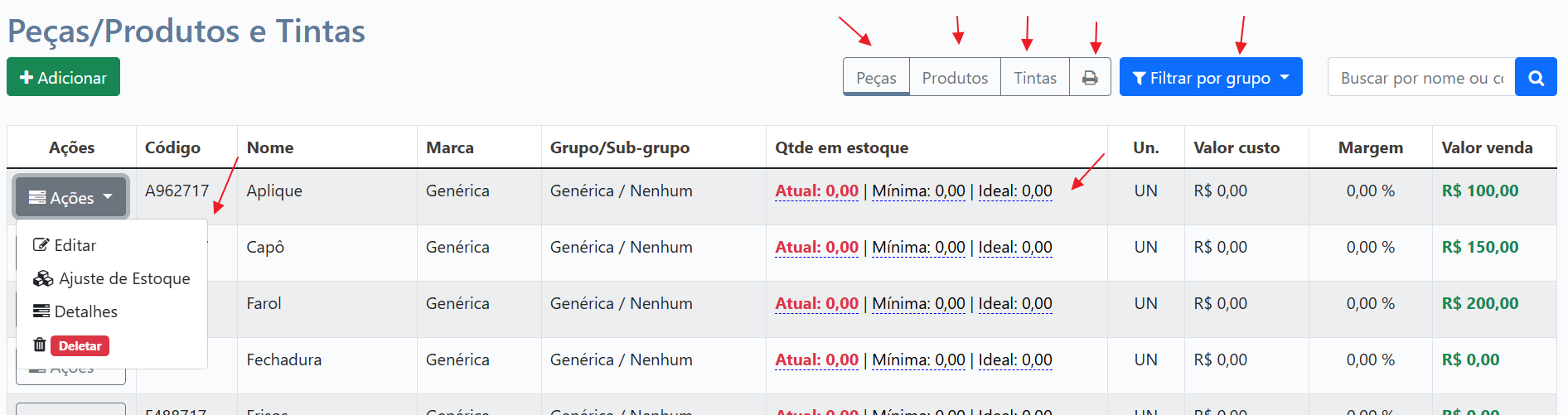 Lista de Peças, Produtos e Tintas