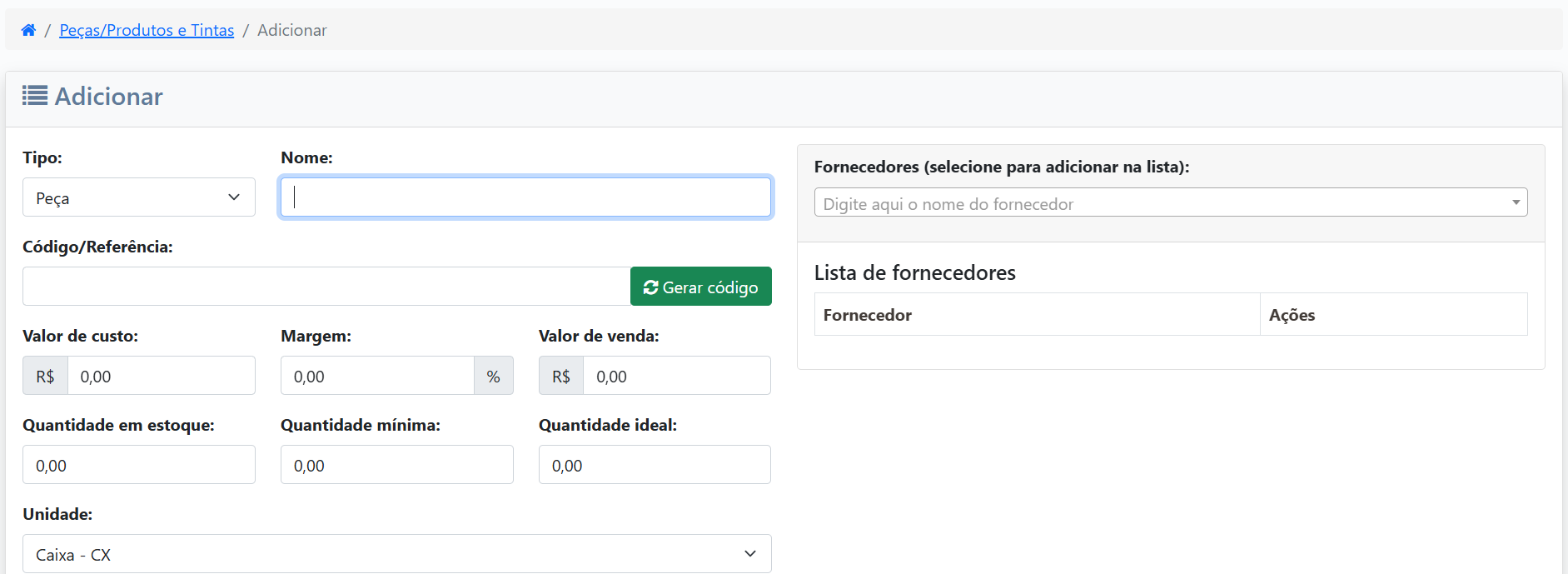 Formulário de Cadastro de Peça/Produto/Tinta