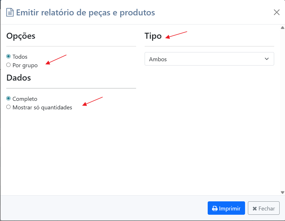 Opções de Relatório de Peças