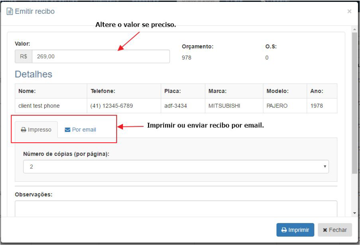 Informações do recibo